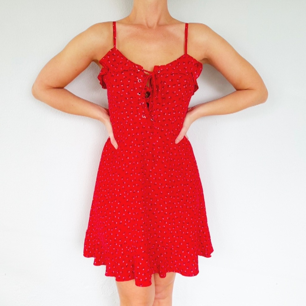 ReVamped red white ditsy floral lace up spaghetti strap mini dress size XS